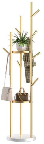 Generisch Freistehender Garderobenständer Baumform Kleiderständer mit 9 Haken, Standgarderobe Runde Basis, Mehrzweck Standgarderobe Für Kleidung Taschen Hüte Wohnzimmer Flur(Gold)