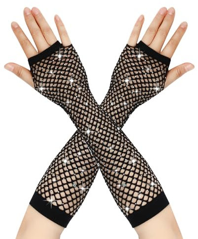Netzhandschuhe Schwarz,Handschuhe Damen Gloves Lang Halloween Tüll Lange Netz Schwarze Long Mesh Rhinestones Fingerless Glitzer Stulpen 80er Black Accessoires Gothic Rhinestone,für Jede Gelegenheit
