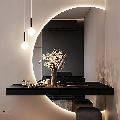Zhoudong Dimmerabile Specchio da Bagno da Parete con Illuminazione, 120cm Senza Cornice Specchio Cosmetico, Semicerchio Retroilluminato Specchio a Figura Intera Anti-Appannamento(Right cut,84*120cm)
