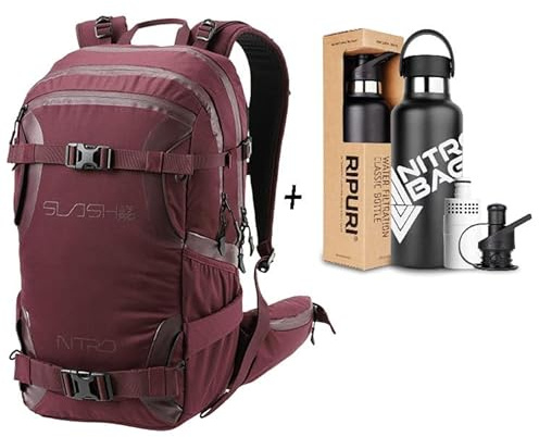 NITRO, SLASH 25 pro SET mit Ripuri 600 ml Flasche & Filter, Snowboardrucksack, Tourenrucksack, 25 L, WINE