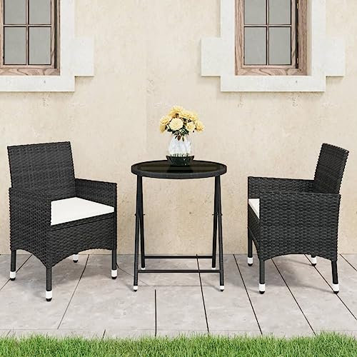 KATERYY 3-TLG. Bistro-Set Poly Rattan und Hartglas Schwarz,Rattan GartenmöbelSet Balkon & Terrasse Schwarz mit cremeweißen Auflagen