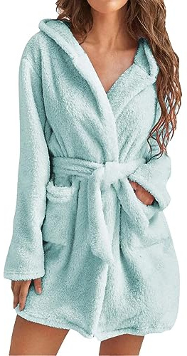 Damen-Bademantel mit Kapuze, Plüsch-Fleece, gemütlich, warm, Winter, Nachtwäsche, weicher kurzer Bademantel mit Gürtel, leicht, langärmelig, Flanell-Loungewear, bequeme Sherpa-Nachtwäsche für Frauen,