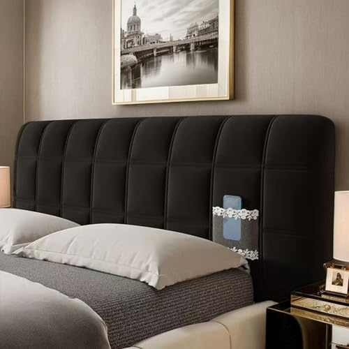 RICPYOIU Kopfteilbezüge Stretch-Kopfteilbezug Samt Verdickte Baumwollfüllung Einzel-/Doppel-/King-/Queen-Size-Größe Schlafzimmerdekoration,Schwarz,160cm