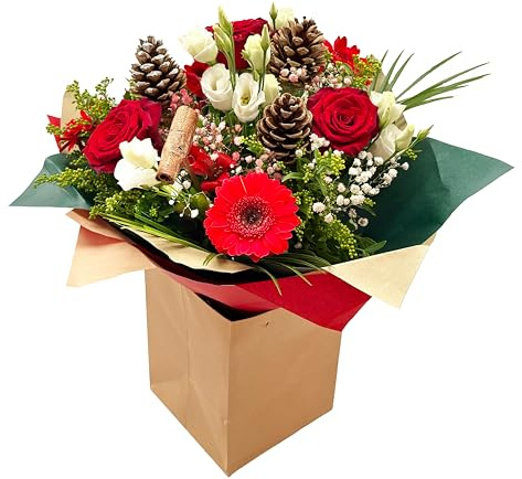 Christmas Arrangement Red Roses, Gerbera, Pine Cones, White Blooms and Greenery, Winter Floral Gift Bouquet, Seasonal Fresh for Holiday, House Decoration