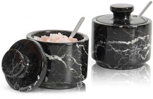 MARBLOUS KRAFTS Saltkällare i marmor 7,6 cm saltbehållare i sten för alla hjärtans dagpresenter, perfekt set med 2 kaffeförvaringsbehållare köksbänk, godisburkar med lock och skedar