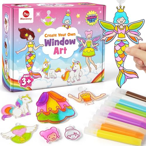 Mocoosy Window Art Princess Unicorn Suncatcher Kit, DIY Suncatcher Art Craft Kits for Kids 5-12, Stained Glass Painting Set, Girls Birthday Presents, Unicorn Toys Gifts for 4 5 6 7 8 9 Year Old Girls