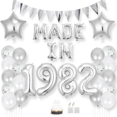 Daimay Happy 43 Birthday Balloon Banner Decorations Silver MADE IN 1982 Aluminum Foil Letters Balloons Latex Confetti Balloons Triangle Flag Party Supplies Cake Topper for Men Women Photo Props