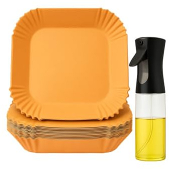 CookChic - Kit Papel para Freidora de Aire Cuadrados 100 Unidades 20 cm + SPRAY Aceite Pulverizador 320 ml | Antiadherente,Resistente | Compatible con Cecotec y Cosori 4-7L| Incluye Ebook de Recetas
