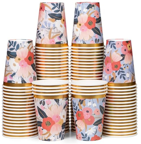 Disposable Paper Coffee Cups, Bulk 100 Pack, 2 Floral Patterns with Gold Foil, Leak-Resistant, 340 ml Hot and Cold Cups for Restaurants and Parties