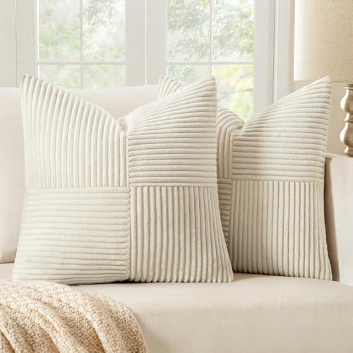 MIULEE 2er Set Kissenbezug 60x60cm Creme Kordvelours Kissenhülle sofakissen | Kissenbezüge Sofakissen Dekokissen Boho Couchkissen Kord Dekorative Zierkissenbezug für Sofa