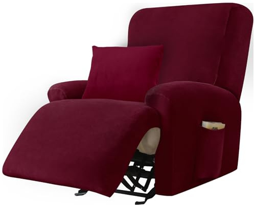 Alishomtll 4-Teilig Sessel Überzug 1 Sitzer Sesselschoner mit Taschen Rot | Stretchhusse Samt Sesselbezug mit Armlehne All-Inclusive Sesselüberzug für Fernsehsessel Relaxsessel mit 1 Kissenbezug