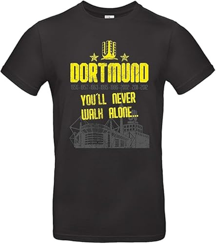 Herren T-Shirt Dortmund You'll Never Walk Alone YNWA Jahreszahlen Schwarz Gelb Ruhrpott Finale und Stadion aus Baumwolle Damen Unisex Pokal Farbe Schwarz, Größe 3XL