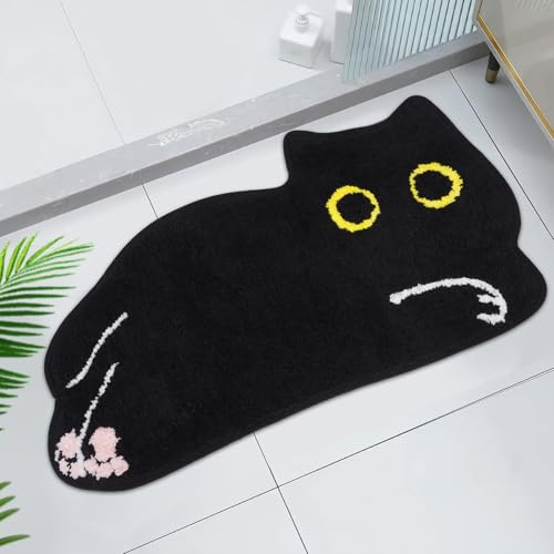 Yamepuia Badezimmerteppich - 40 X 70cm,Schwarze Katze Badematte | Rutschfest Waschbar Bathroom Mat,Niedlich Absorbent Schwarze Katze Badteppich für Badezimmer,Badewanne,Eingang,TüRmatte