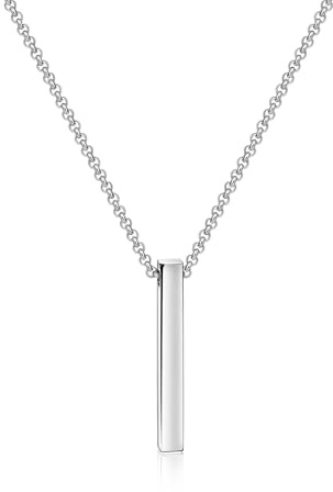 Candyfancy Edelstahl Halskette Herren Kette Mit Anhänger Quader Bar 61CM für Männer Damen Pärchen Schmuck Geschenk Silber Länge 61cm Schlangenkette