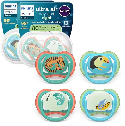 Philips Avent Ultra Air Day & Night Ciuccio - Design ortodontico, per neonati 6-18 mesi, modello fluorescente, tettarella simmetrica in morbido silicone, senza BPA, confezione da 4, SCF087/27