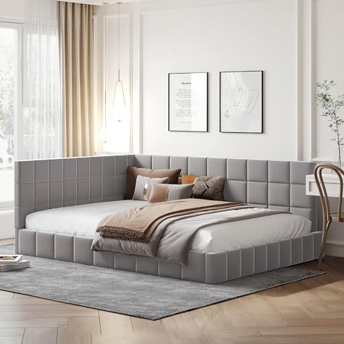 RIAZOS Polsterbett Schlafsofa 140x200, Doppelbett mit Lattenrost, Daybett | Tagesbett Jugendbett Kinderbett Gästebett, Samt, ohne Matratze, Grau