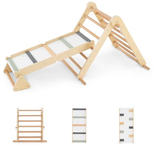 HOMASIS 3 in 1 Kletterdreieck mit Kletterleiter & Wippe, Holz Klettergerüst Indoor mit doppelseitiger Rampe, klappbarer Spielplatz zum Klettern Wippen, Sprossendreieck für Kinder ab 3 Jahren, Natur