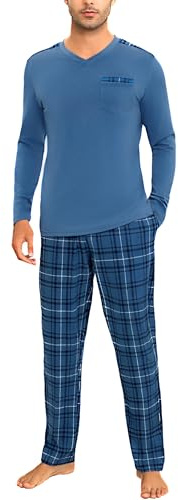 Litherday Pijama Hombre Invierno Algodon Manga Larga Conjunto de Pijama con Top Cuello V y Largo Pantalones a Cuadros