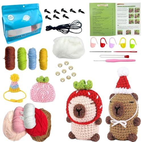 WDKXCN Kit Uncinetto Principianti Capybara,Crochet Kit, Set Uncinetto per Principianti con Istruzioni In Inglese, Video Di Istruzioni Passo-Passo, Kit Uncinetto Completo per Adulti Bambini