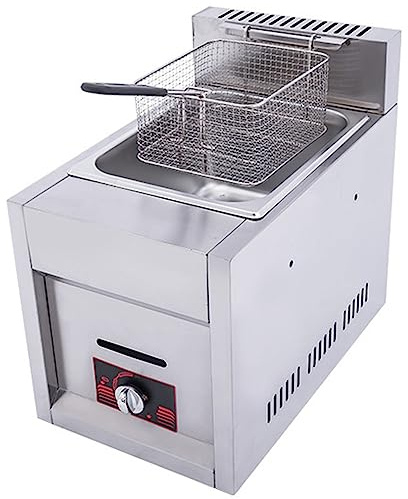 Friteuse commerciale, gaz GPL, capacité de 6 L, paniers amovibles, bac à assaisonnement, puissance de feu réglable, acier inoxydable, facile à nettoyer, utilisation au restaurant