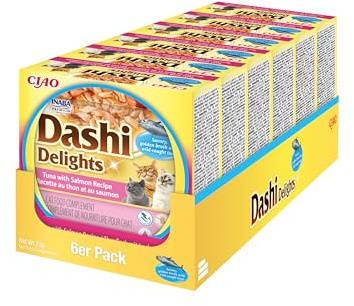 INABA Dashi Delights kattgodis med högkvalitativa ingredienser, rik på fukt och protein, lågt kaloriinnehåll, utan spannmål eller socker 70 g (6-pack)