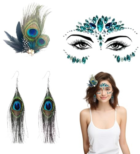 fshxj Pfau Kostüm Damen,Pfau Kopfschmuck,3-Tlg Pfauenschmuck Set - Pfauenfedern Haarschmuck,Strassstein Gesichtsaufkleber,Ohrringe, Retro Vintage Stil,FüR Karneval Halloween Mottoparty 1920er