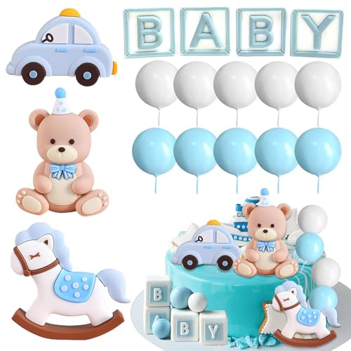 Baby födelsedagstårta dekoration tårtdekoration björn blå dockor ornament nallebjörn tårtdekoration lämplig för festtillbehör, födelsedagar, fester tårtdekoration baby