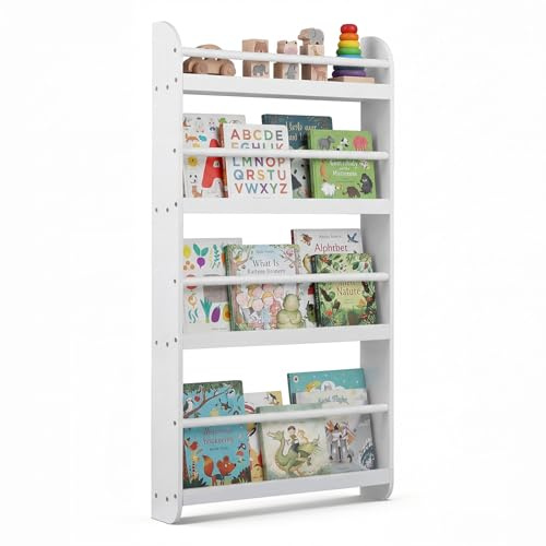 COSTWAY Bücherregal für Kinder, Kinderregal mit 4 Ablagen, Wandregal aus Holz für Spielzeug & Bücher, schmales Montessori Aufbewahrungsregal für Kinderzimmer, Leseecke, 56 x 12 x 107 cm (Weiß)