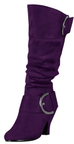 Dam mocka slouch knähöga stövel block hälspänne, Lila, 40 EU | Dam mocka slouch knähöga stövlar med spänne detalj och blockklack för enkel, elegant vardagsstil