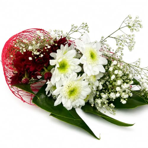 Ramo de Flores Frescas Naturales | Crisantemos Blancos y Rojos | Preparación Artesanal con Paniculata | Detalle Floral para Cumpleaños, Parejas, Celebraciones o Decoración del Hogar