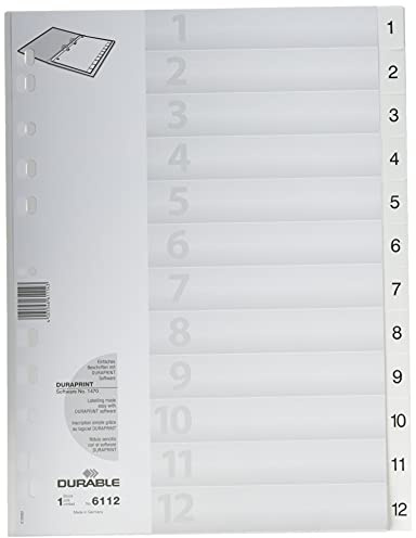 Durable Register 1-12, DIN A4 hoch, weiß, mit geprägten Taben, Universallochung, PP, 611202