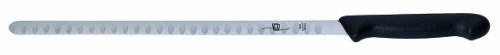 Couteau à saumon ou à jambon professionnel. Noir. Lame étroite alvéolée. Manche anti-glisse. L 310 mm.