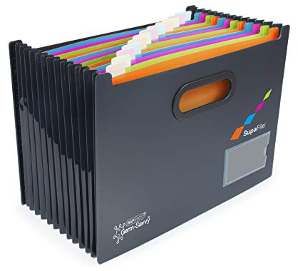 Rapesco 1489 SupaFile 13-Teilige Fächermappe mit Antibakteriellem Schutz, A4, Schwarz mit Mehrfarbigen Trennblätter