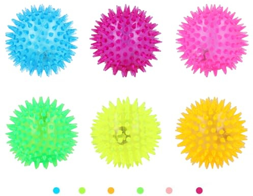 6 Spiky 7.5cm LED Flashing Bouncy Disco Balls with Light, Squishy Stress Relief Fidget Squeezy Spikey Ball Toy for OCD ADHD ADD & Autism High Anxiety Levels, Ideal Pet Toy or Baby Sensory Class