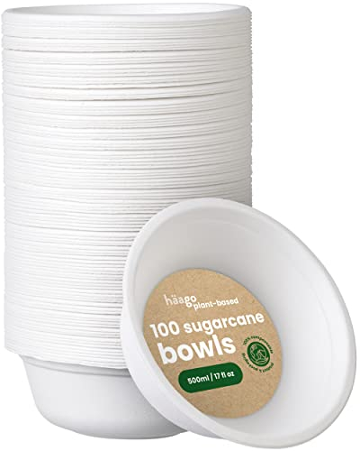 HAAGO - 100 ciotole di canna da zucchero, ciotole di carta resistente - ciotole per feste compostabili, biodegradabili, monouso per cibi caldi e freddi - 500 ml