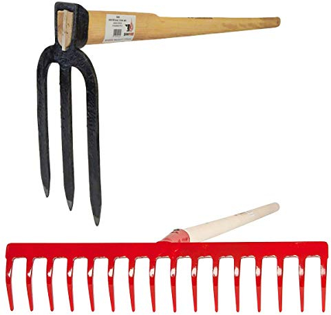 SHW-FIRE Gartenrechen und Dreizahnhacke Set, Aus Spezialstahl 150cm und 135 cm
