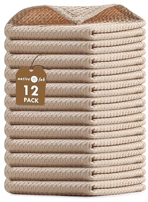 Native Fab Waffle 12 Pack Dish Cloths - 100% Cotton, Absorbent, Quick Drying, Washable Towels for Cleaning, Cooking & Baking - Great for Daily Use, Home, Restaurants, Cafes - 12 x 12 - Beige