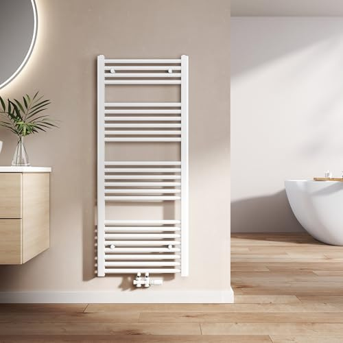 EMKE Badheizkörper Gerade 1200x500 mm - Handtuchheizkörper mit Mittelanschluss, Effizienter Handtuchwärmer Handtuchtrockner Heizkörper für Bad, Weiß, 513W