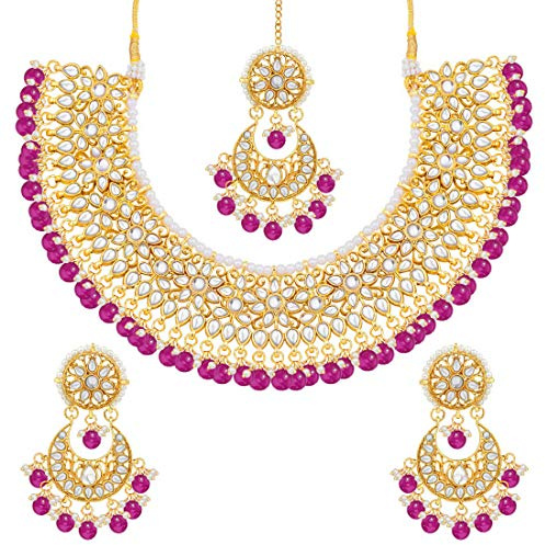 Aheli Wedding & Party Wear Faux Kundan Necklace Earrings with Maang Tikka Indian Traditional Bollywood Jewelry Set for Women & Girls (Rani Pink)