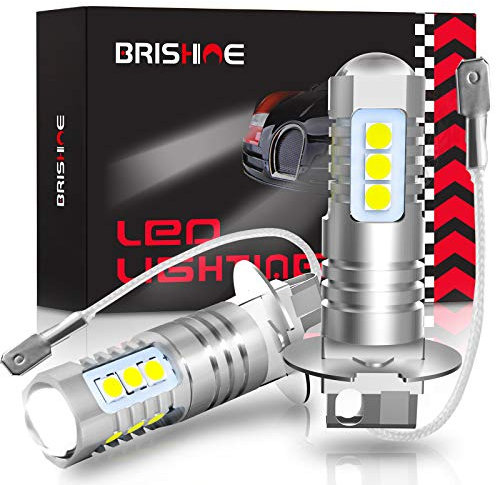BRISHINE H3 LED Fog Light Bulbs 6000K Xenon White, Extremely Bright 3030 Chips H3 LED Bulbs with Projector for Car Fog Lights, Daytime Running Lights DRL(Pack of 2)