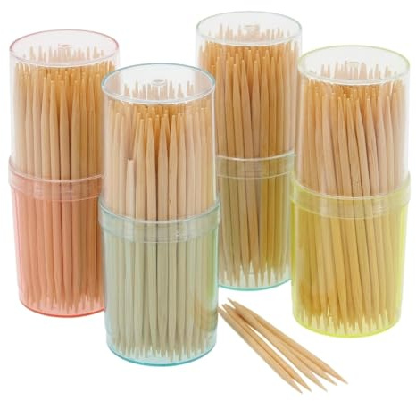 MIJOMA Palillos de dientes de madera sin tratar, perfectos para uso diario, para higiene dental, aperitivos, manualidades (4 x 120 unidades en minilata de color).