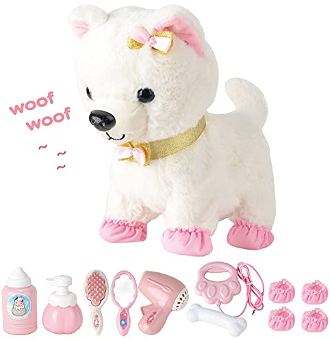 RuiDaXiang Kinder Elektronische Haustiere Hund mit Ferngesteuerter Leine & Zubehör,Gehen,Bellen,Interaktives Plüschtier Haustiere,für 3-6 Jahre Junge/Mädchen (Weiß)