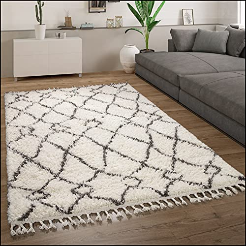 Paco Home Hochflor Teppich Wohnzimmer Shaggy Skandinavisch Fransen Flauschig Modern Langflor, Grösse:160x220 cm, Farbe:Creme