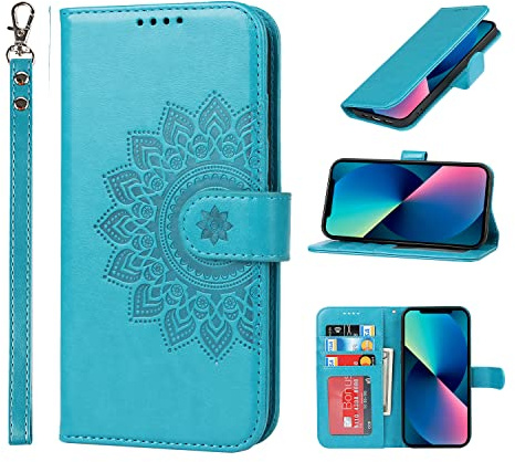 ELTEKER Handyhülle iPhone 13 Pro, Hülle für iPhone 13 Pro Klapphülle, [3 Kartenfächer] [Magnet Verschluss] Leder Eleganter Prägung schutzhülle Klapphülle Ledertasche Hülle für iPhone 13 Pro, Blau