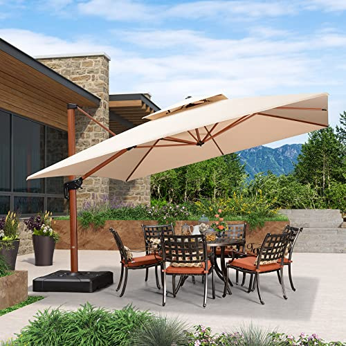 PURPLE LEAF Parasol De Jardin Extérieur, Parasol Déporté 3,65 x 3,65 m, Environ 13,3 m², Grain de Bois en Aluminium, Toit à Double Rotatif 360°, Plus Adapté aux Jardins Carrés Haut de Gamme, Beige