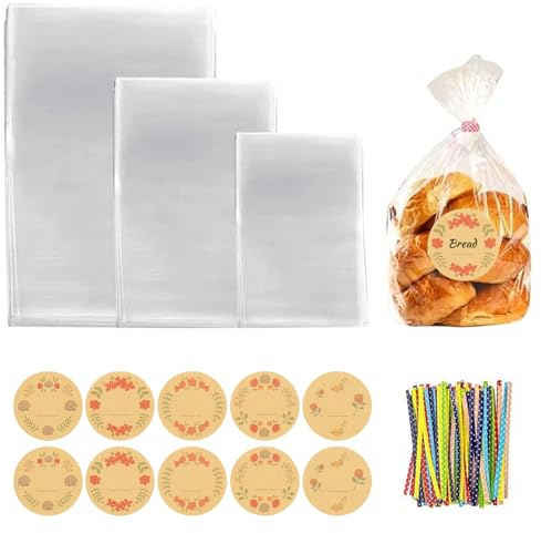 UYUYong 150 Stück Cellophantüten Klar Sicherheit Bonbontüte | Transparent mit 150 Bändern Etiketten 3 Größe Klar Zellophantüten für Geburtstag Party Süßigkeiten Kekse Snacks