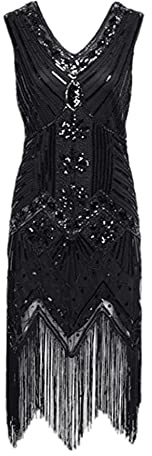 HAHAEMMA 1920s Vintage Kleid Damen Flapper Charleston Kleid Gatsby Pailletten Quasten Saum Cocktail Flapper Abschlussballkleid Abendkleid Cocktail Party Kostüm Kleid（BL2,L）