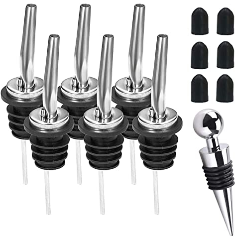 WAFJAMF 6 Pcs Liquor Pour Spouts Set Bottle Pourers Stainless Steel Speed Wine Spirits with Rubber Dust Caps Stopper for Pours Liquid, Olive Oil, Wine, Vinegar (Silver)