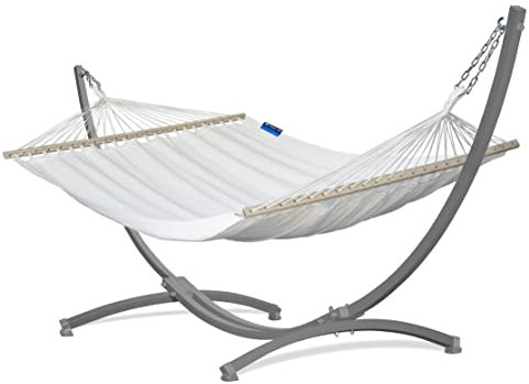 Potenza Outdoor Hängematte mit Gestell für 2 Personen I 100% Baumwolle Medelin Stabhängematte 215x140, 160kg I Hängemattengestell 220kg, wetterfest (Gestell Grau, Beige)