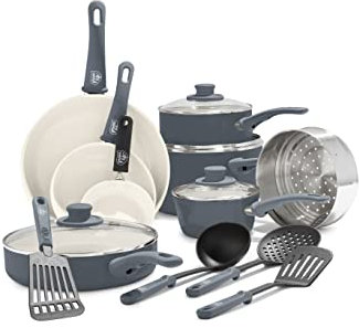 GreenLife 16 Piece Nonstick Cookware Set, Soft Grip Non-Toxic PFAS-Free Ceramic Pots & Pans, Dishwasher & Oven Safe, Frying, Sauce, Saute, Utensils, Glass Lids, Stay-Cool Handles, Wobble Free, Gray